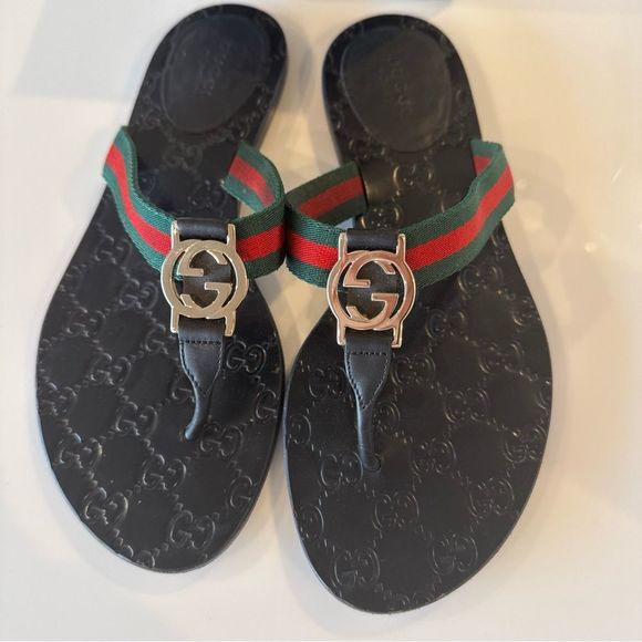 Gucci GG Web Stripe Thong Sandals EU 37.5 US7.5 Black Stripe Flip Flop Slides - Picture 1 of 7